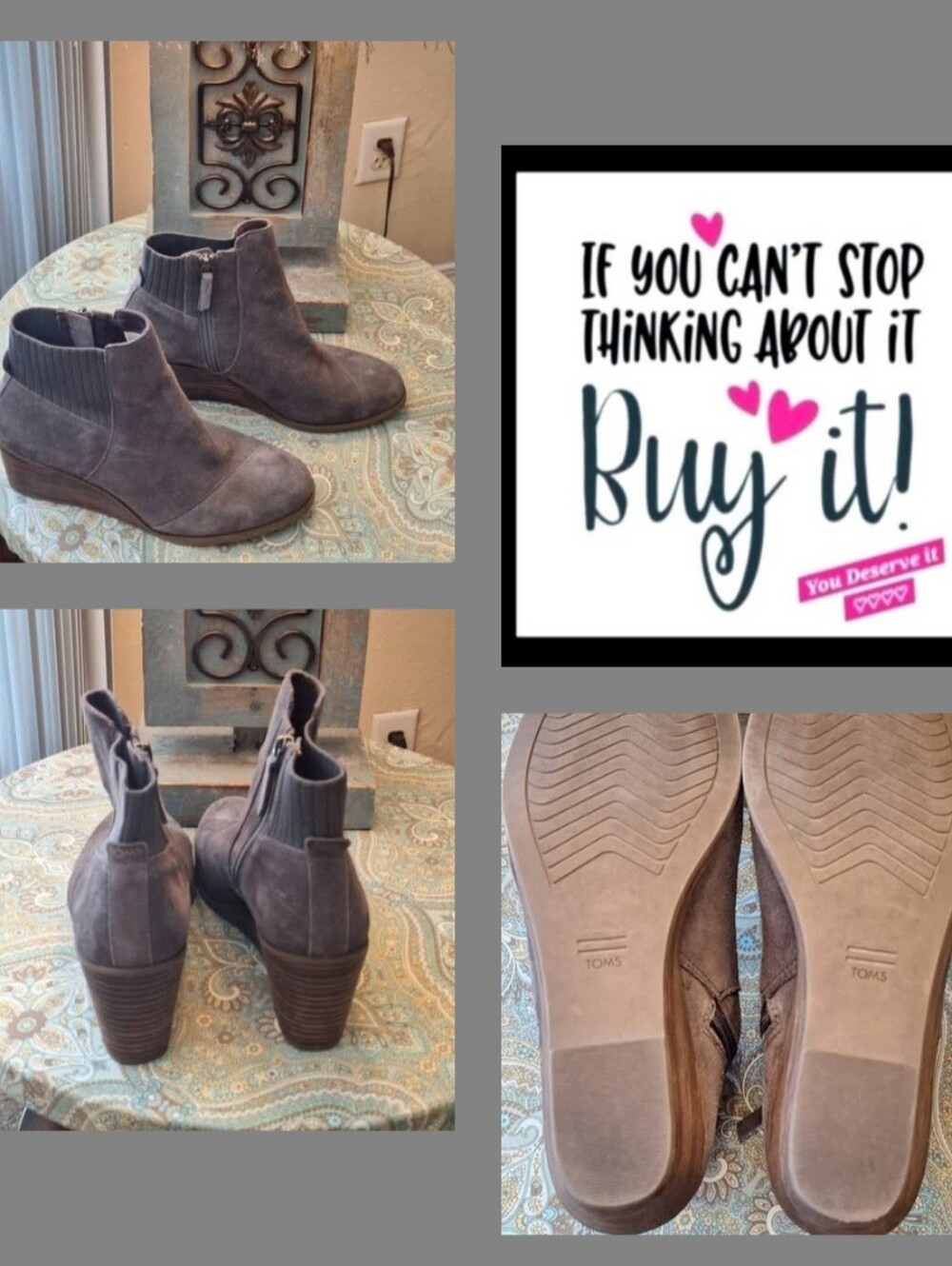 Toms Gray Suede Ankle Wedge Booties. Great Condition Size 8.5 Medium